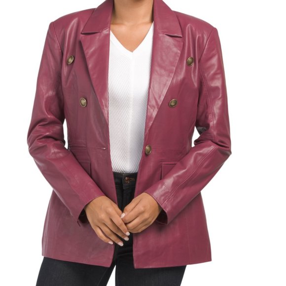 BOD & CHRISTENSEN black cherry Faux Leather Double Breasted Blazer